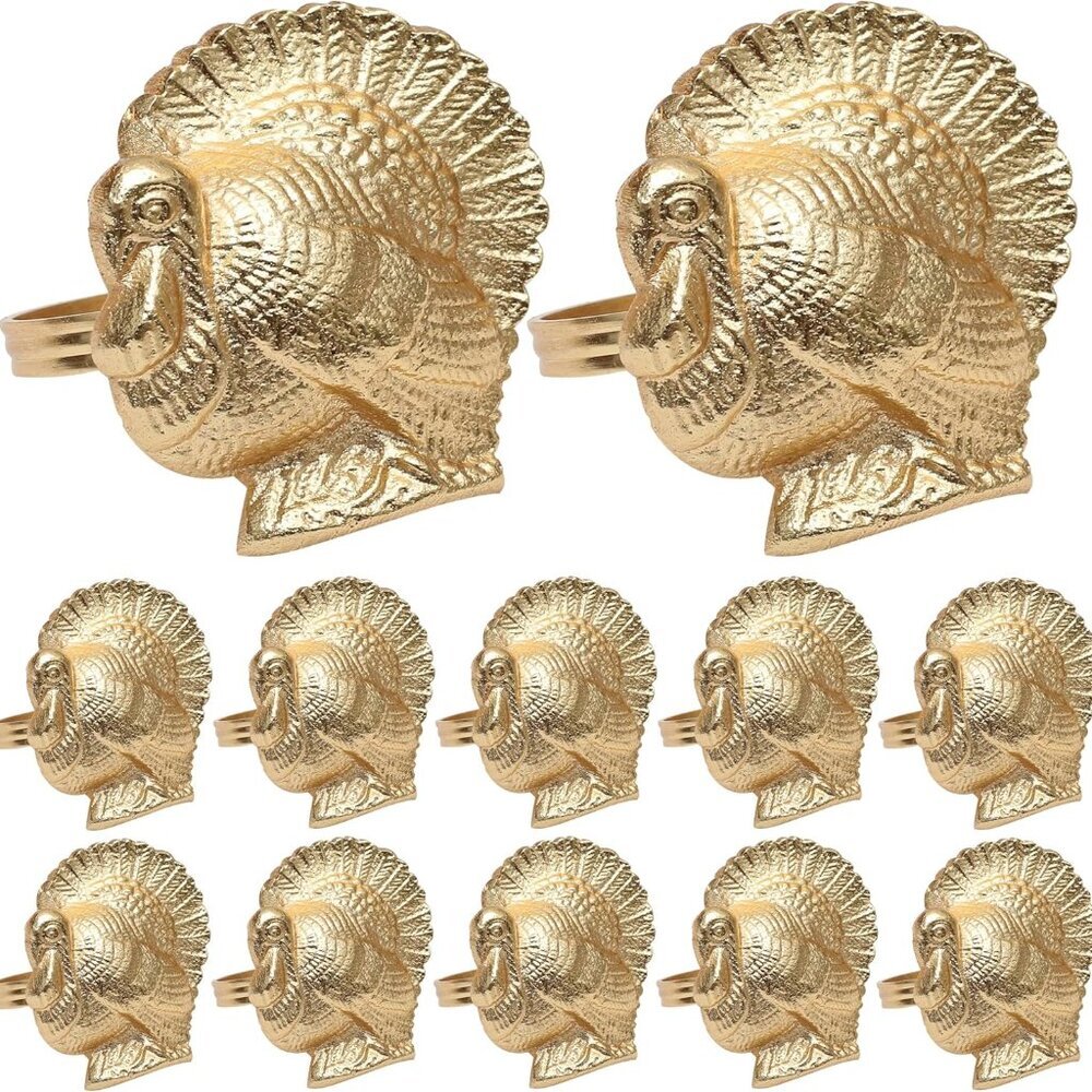 Turkey Bird Gold Napkin Rings Set of -12 for Dinner Parties, Weddings Receptions
